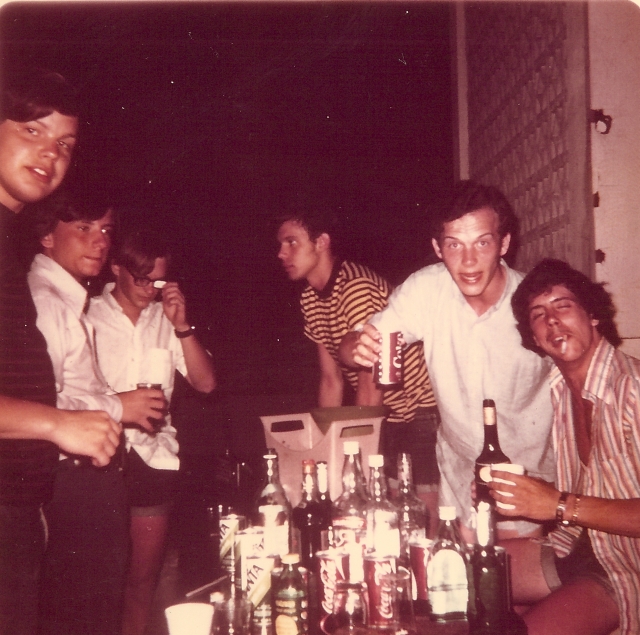 Senior trip to the Bahamas party---front r Tony Cecchini, Craig Henderson, front l Roger Ulmer 