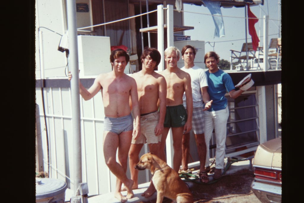 Jeff Paige, Clay James, Don Pillen, Mike Ignasiak, Bob Reaser in Delray Beach, Easter 1971 The Houseboat